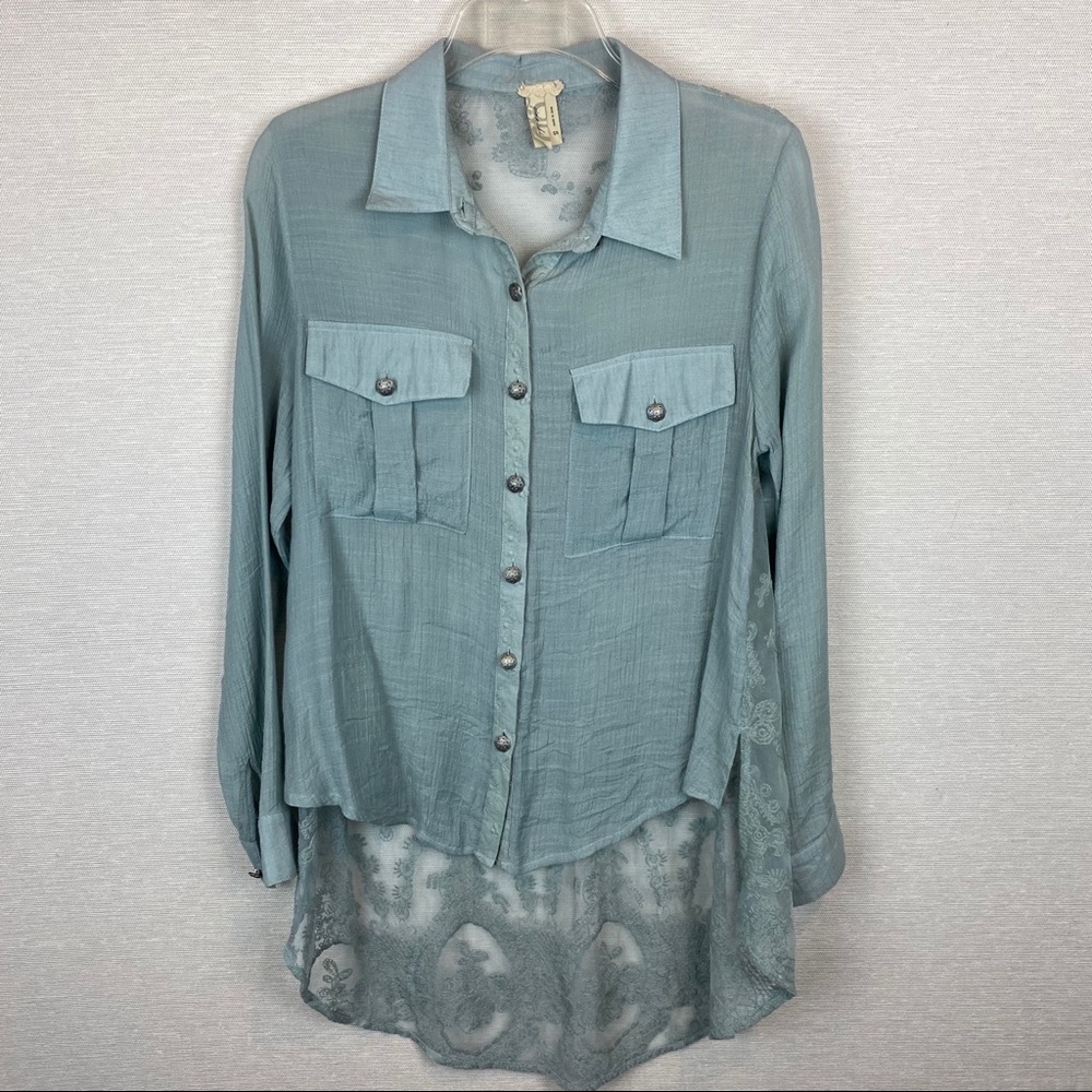 Gimmicks by BKE Teal Floral Sheer Mesh Button Down Blouse Sz S • Tunic • EUC